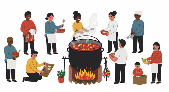 Diverse group cooking large stew outdoors over open fire with fresh ingredients