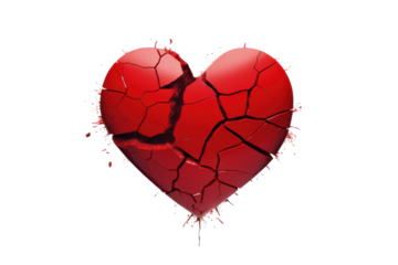 Broken red heart with cracks against a black backdrop