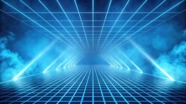 Abstract blue neon grid tunnel with light beams and smoke, futuristic digital cyberspace