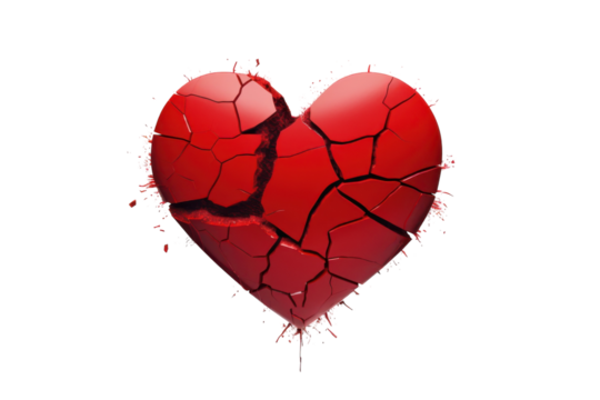 Broken red heart with cracks against a black backdrop