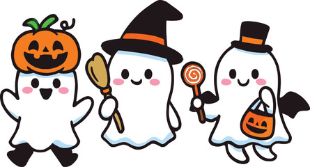 Cartoon Halloween ghost trio in costumes—pumpkin hat, witch outfit, top hat with candy—playful character illustration for spooky season, kids design, festive art