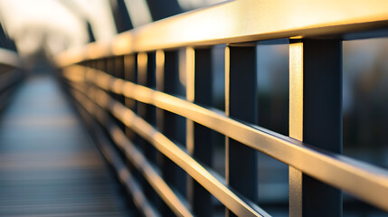 Railing along a path illuminated by golden light. Focus on design and architecture with a blurred background adding depth and tranquility.