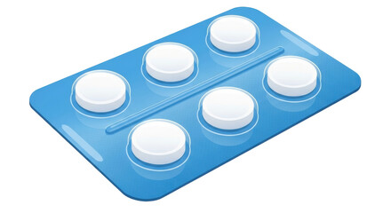 Isolated Blister Pack of Six Round Pills for Medication and Treatment Use, on a Light Blue Pack