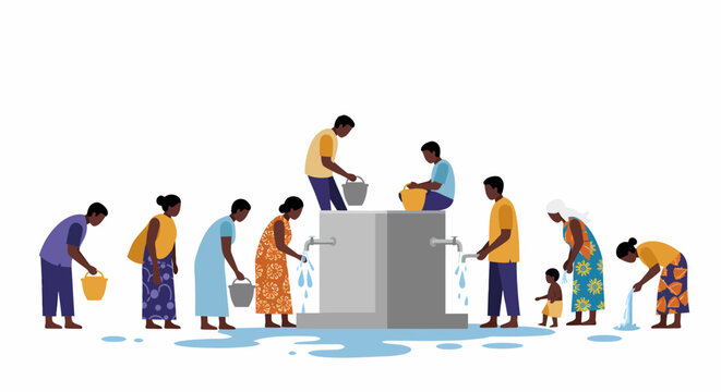Diverse people collecting water from a communal concrete structure with spigots and buckets
