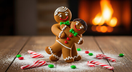 Funny Christmas scene of a gingerbread gay couple dancing by a cozy fireplace. Festive LGBTQ image celebrating love, joy, and sweet holiday fun.