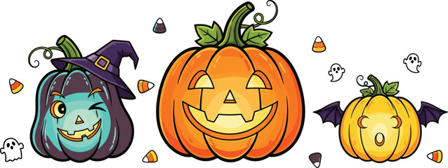 Cartoon jack-o'-lantern trio with witch hat, bat wings, candy corn, ghosts, festive Halloween pumpkins illustration for spooky season, kids design, celebration art