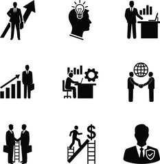 Business icon set with growth, innovation, teamwork, career success, global partnership, productivity, financial advancement, professional development, vector illustration for corporate design