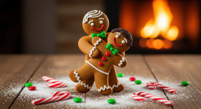 Funny Christmas scene of a gingerbread gay couple dancing by a cozy fireplace. Festive LGBTQ image celebrating love, joy, and sweet holiday fun.