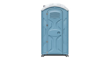 Isolated blue portable restroom structure stands at a construction site or outdoor event