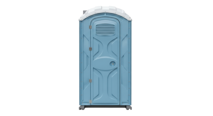 Isolated blue portable restroom structure stands at a construction site or outdoor event