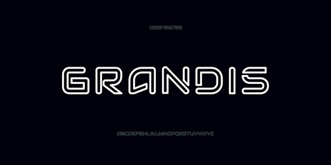 Grandis mark Technology outlines font, digital cyber alphabet made futurism style, uppercase letters Number simbol