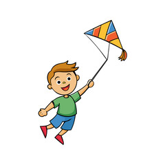 Happy young boy playing with a colorful kite in the sky