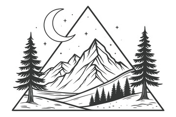 Obraz premium mountains, night sky, crescent moon, pine trees, landscape, nature, geometric, line art, minimalist, black and white