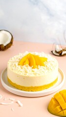 A creamy, round dessert with mango slices on top, surrounded by coconut flakes and pieces