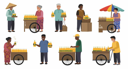 Group of diverse street vendors selling bottled yellow drinks from carts and stands
