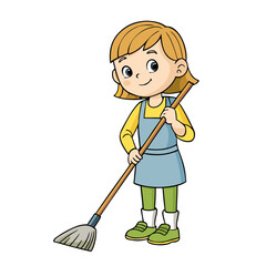 Smiling cartoon girl with broom cleaning floor