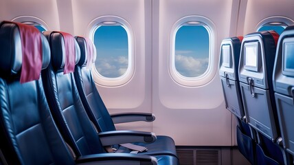 A background of an empty seat on an airplane next to a window with a beautiful view of the clouds