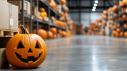 Halloween Harvest: A carved pumpkin smiles amidst rows of pumpkins stored in a warehouse, ready for the holiday celebrations.