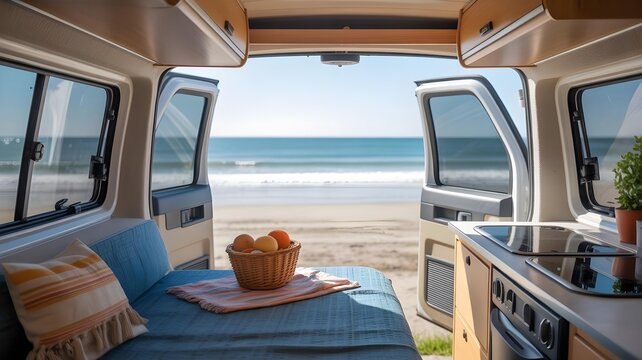 A background showing the inside of a clean, organized camper van