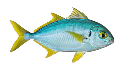 Isolated Golden Trevally, a blue and silver sea fish with yellow fins, against light backdrop