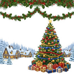 Obraz premium Festive christmas tree surrounded by snowy village and garlands