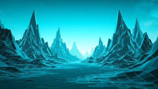 Low Poly Mountain Range Landscape - A digitally video landscape depicts a mountain range in a low poly style with vibrant blue hues.