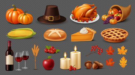 Thanksgiving Food and Seasonal Icons on Transparent Background