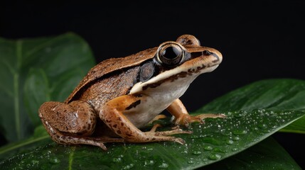 Close-up of a Brown Frog on a Leaf with Water Droplets