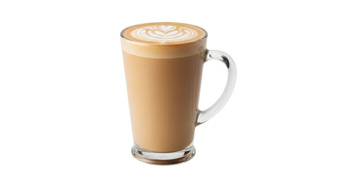 Isolated latte in a glass mug with latte art, delicious coffee beverage for breakfast