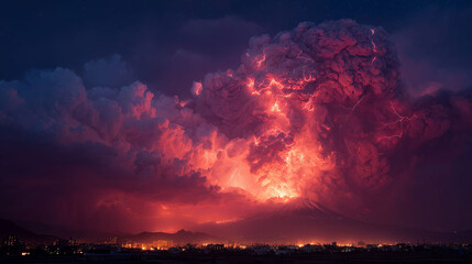 富士山の噴火による火山灰と炎が広がる壮絶な光景