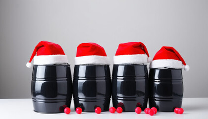 Oil Barrels with Santa Hats on White Table