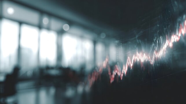 A red digital graph showing upward financial growth overlays a blurred modern office interior symbolizing market progress