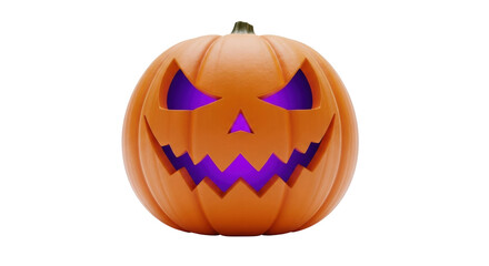 Isolated scary Halloween jack-o'-lantern decoration, bright orange color and purple inside