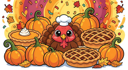 Cartoon Thanksgiving Turkey with Pumpkin and Pie Illustration for Celebration