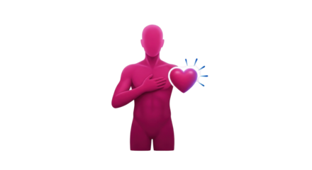 Isolated faceless pink figure holds a glowing heart over its chest to show compassion