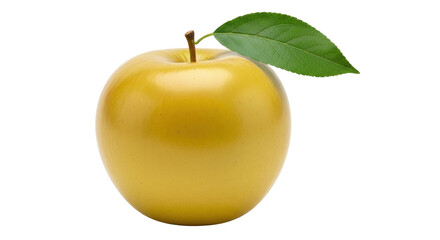 Isolated Golden Delicious apple, fresh and yellow, with a green leaf and short stem, ripe