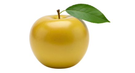 Isolated Golden Delicious apple, fresh and yellow, with a green leaf and short stem, ripe