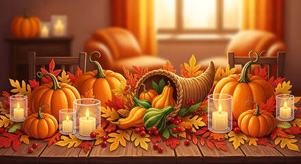 Warm Indoor Thanksgiving Table Arrangement with Pumpkins, Gourds and Autumn Leaves Illustration