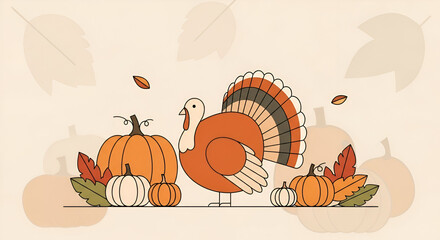Simple Line Turkey and Pumpkin Autumn Season Element Illustration