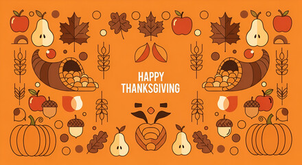 Simple Line Art Happy Thanksgiving Ornament Fruit and Cornucopia Celebration Pattern