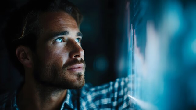 A professional man looks intently at a glowing futuristic digital display showing data trends