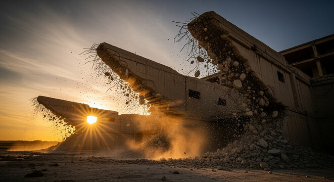 Dramatic Dutch angle shot captures the awe-inspiring spectacle of a concrete structure crumbling at sunset, creating a powerful visual narrative