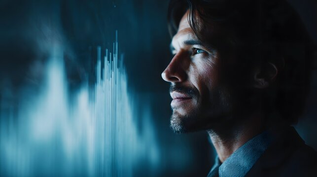 A man intently observing digital data displayed on a futuristic interface contemplating business growth - Powered by Adobe
