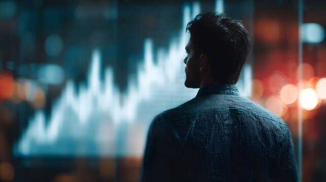 Man examines growth chart on a futuristic transparent screen city lights in background