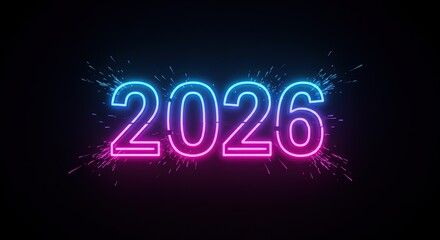 Neon 2026 Number Glowing With Pink And Blue Lights On Black Background.