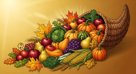 Detailed Handdrawn Thanksgiving Cornucopia With Autumnal Harvest of Fruit and Vegetable