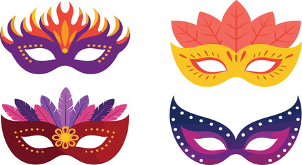 Masquerade masks flat illustration, colorful carnival party masks, ornate costume accessory design, festive celebration artwork, decorative fashion drawing