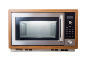 Modern microwave oven with wood trim and digital panel