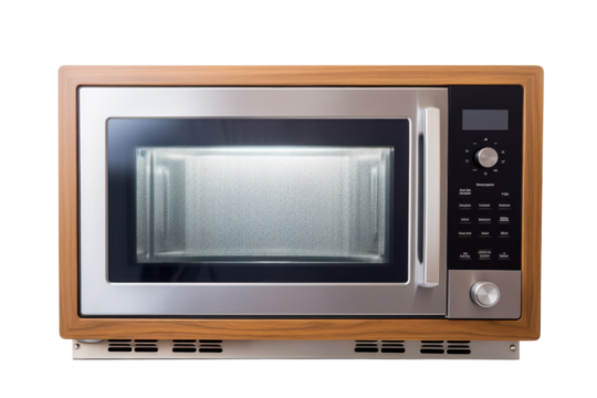 Modern microwave oven with wood trim and digital panel
