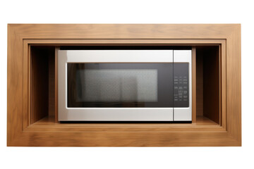 Obraz premium Stainless steel microwave built into wooden kitchen cabinet